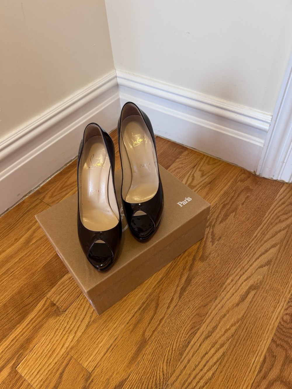 Christian Louboutin Black Patent Leather Peep-Toe Pumps/Cherry color Size 7.5
